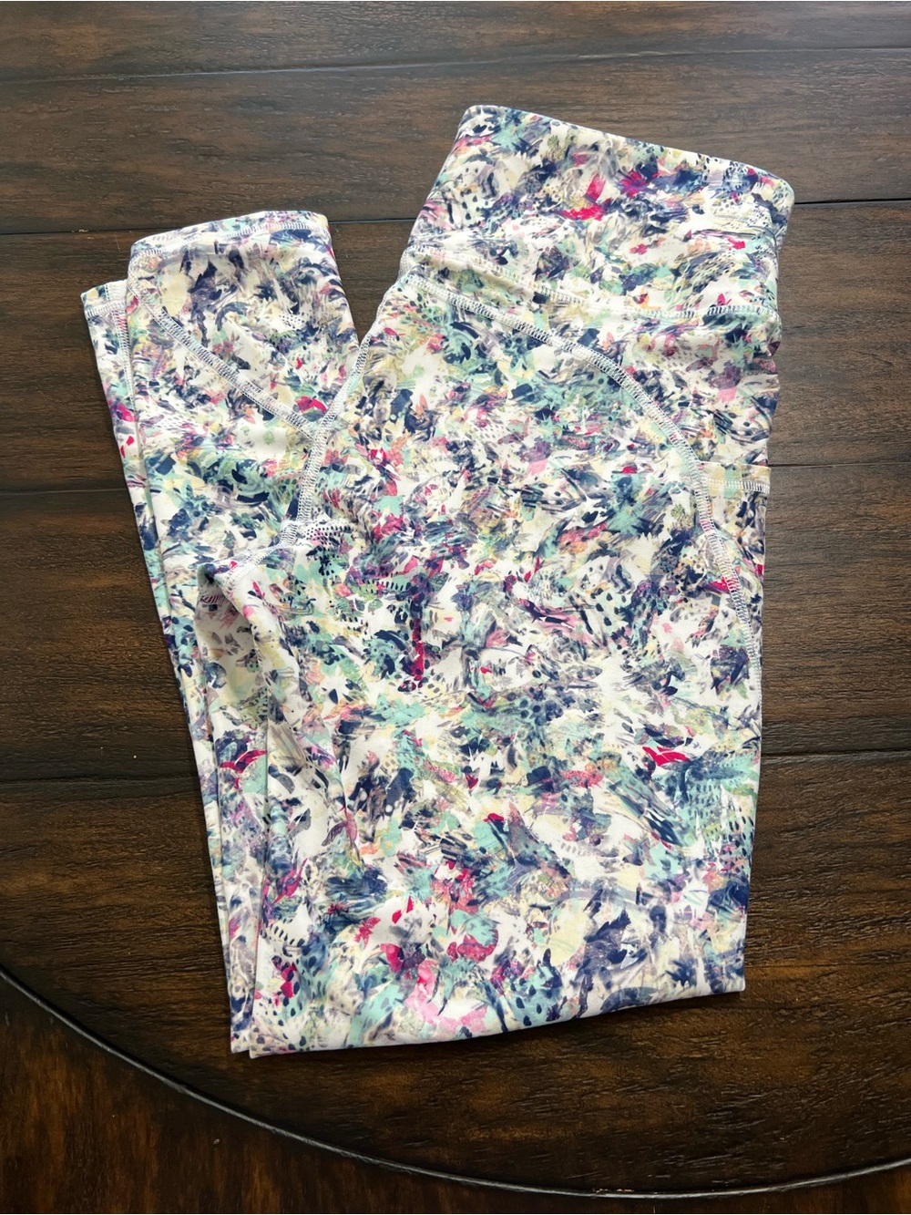 Freely Haven 7/8 High Waisted Legging White Teal Pink Print Pockets Size Large